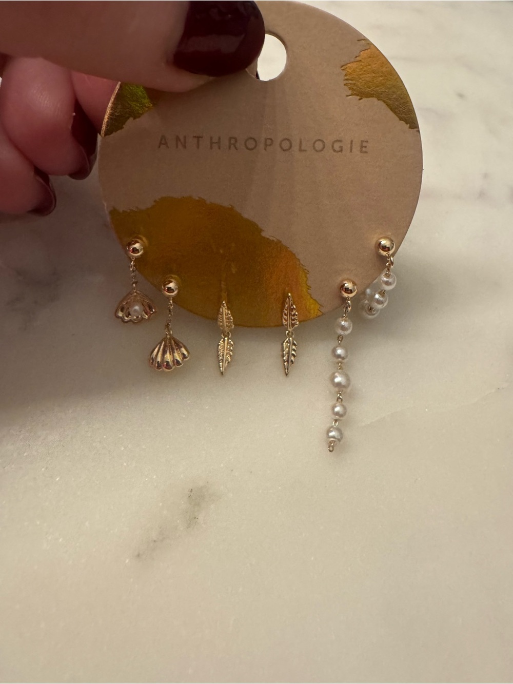 NWT Anthropologie Set of 3 Seashell, Leaf Designs, Pearl Drop Earrings🐚🍁